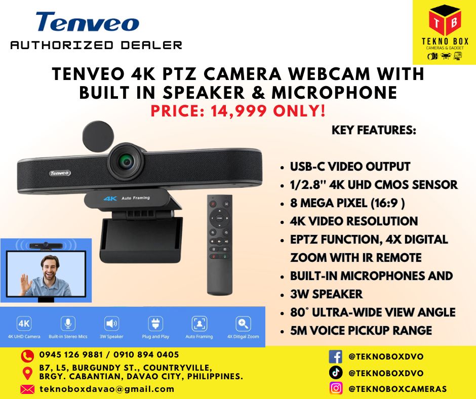 Tenveo 4K PTZ Camera Webcam with Built in Speaker & Microphone