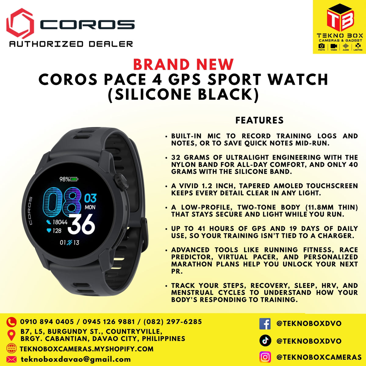Brand New Coros Pace 4 GPS Sport Watch (Silicone Black)