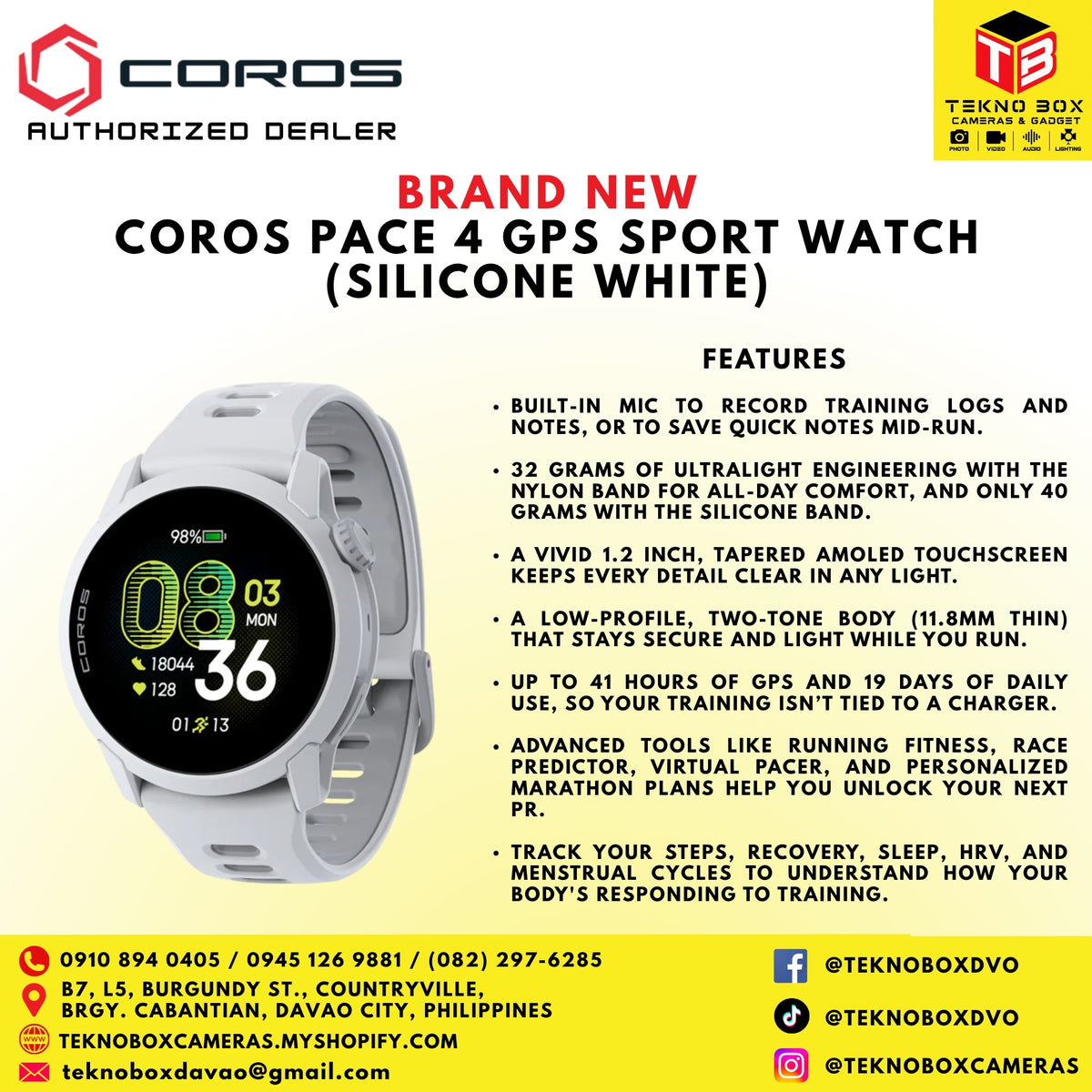 Brand New Coros Pace 4 GPS Sport Watch (Silicone White)