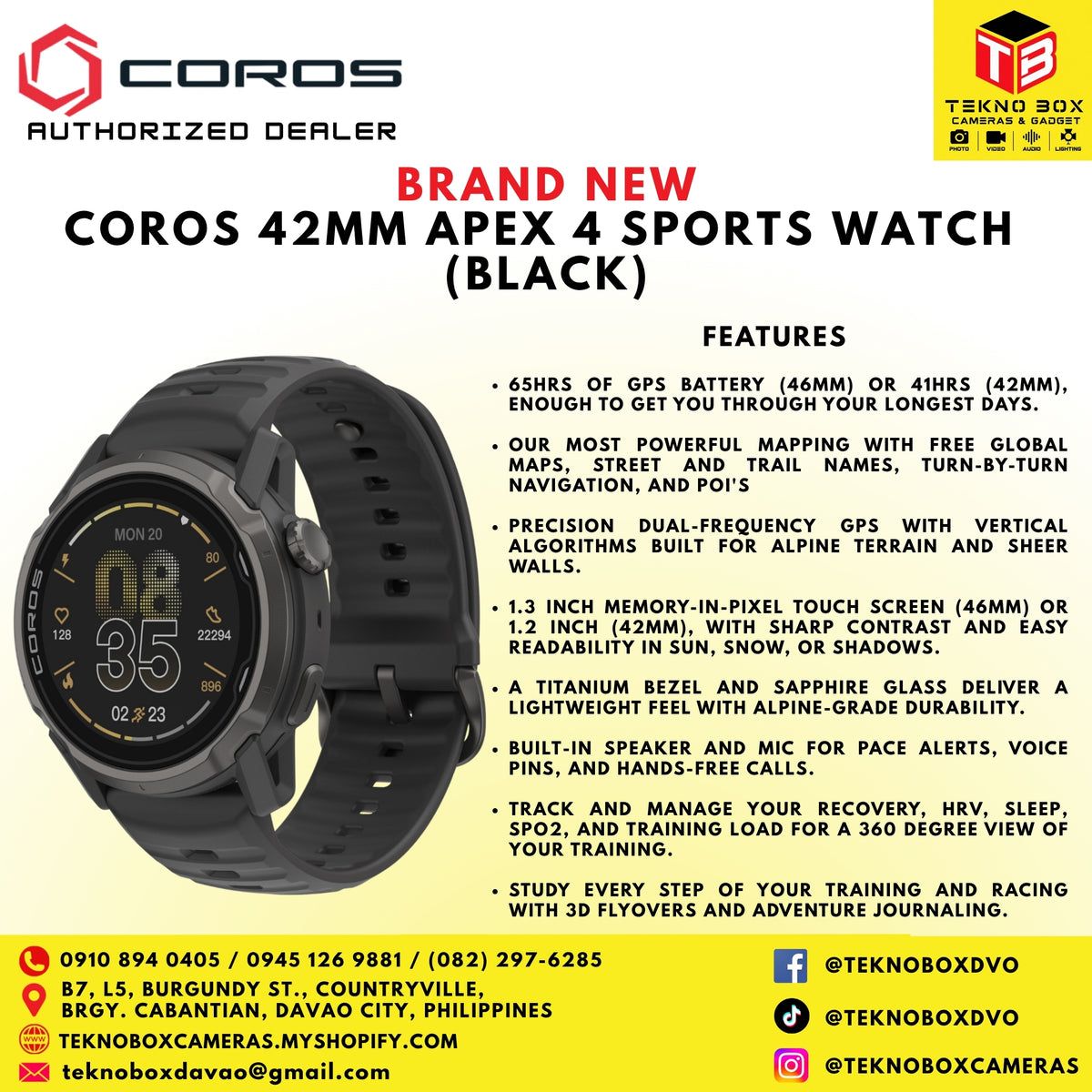 Brand New Coros 42mm APEX 4 Sports Watch (Black)