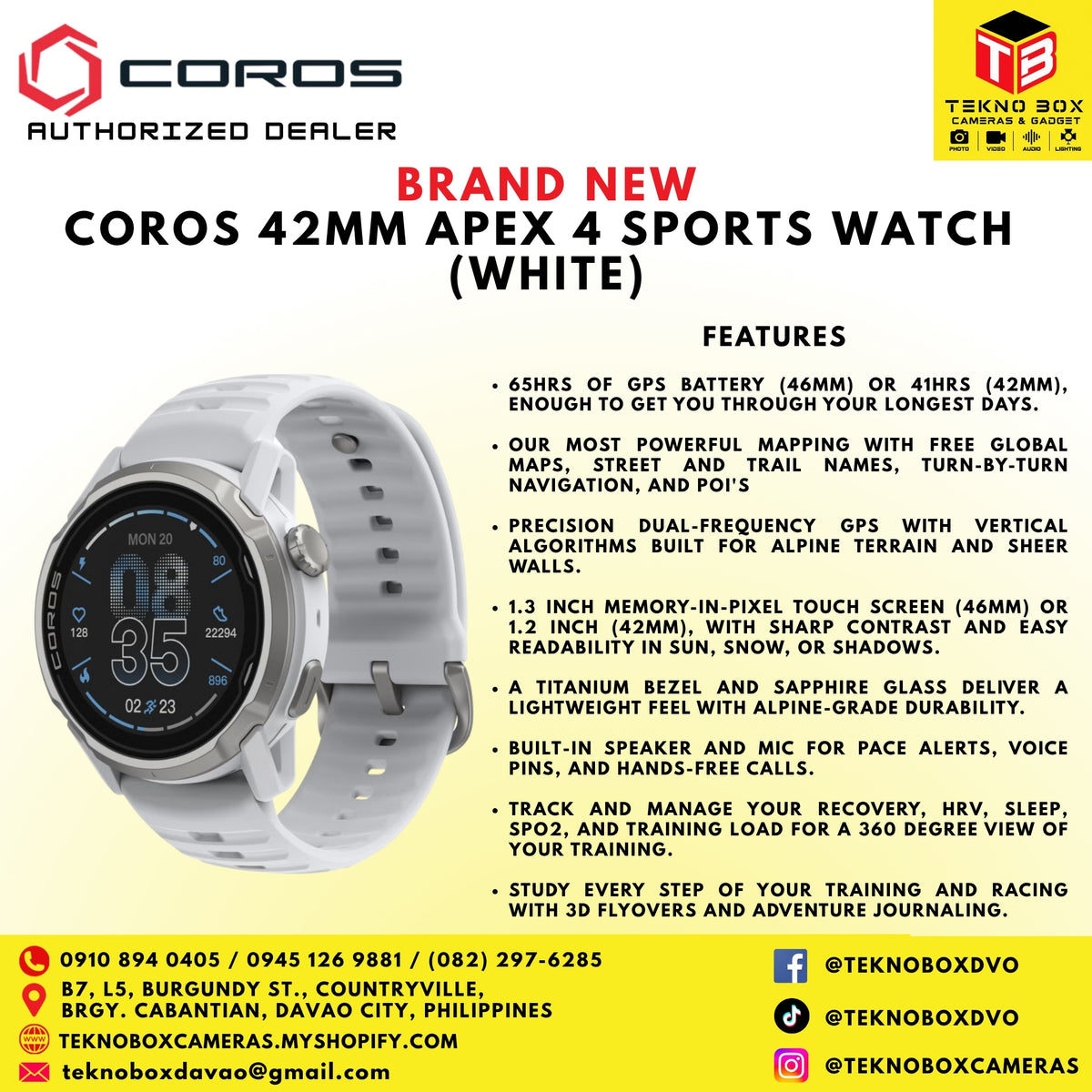 Brand New Coros 42mm APEX 4 Sports Watch (White)