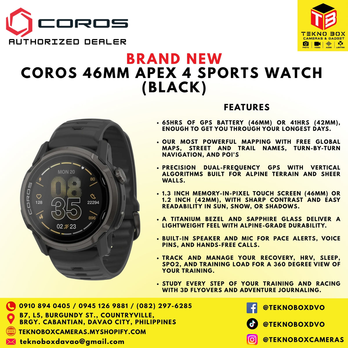 Brand New Coros 46mm APEX 4 Sports Watch (Black)