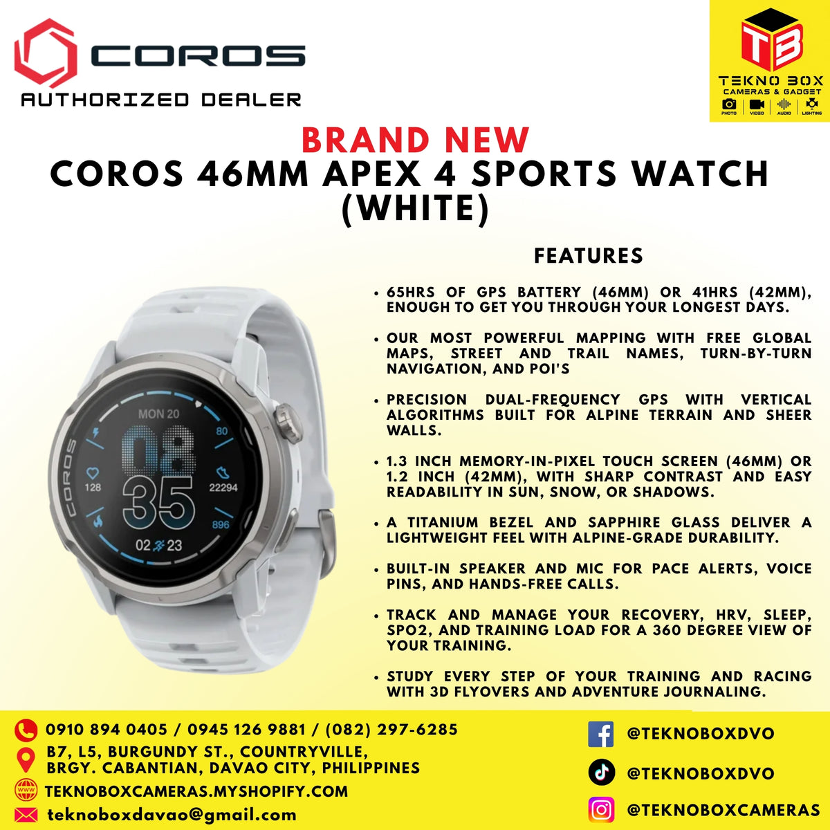 Brand New Coros 46mm APEX 4 Sports Watch (White)