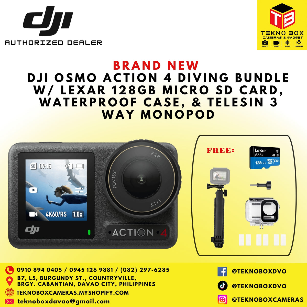 DJI Osmo Action 4 Diving Bundle W/ Lexar 128GB Micro SD Card, Waterproof Case, & Telesin 3 Way Monopod