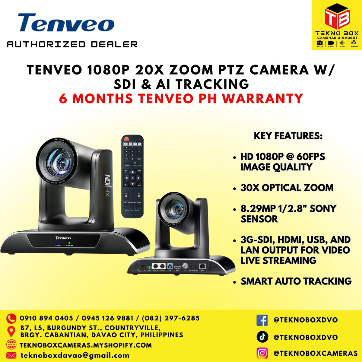 Tenveo 1080P 20X Zoom PTZ Camera W/ SDI & AI Tracking