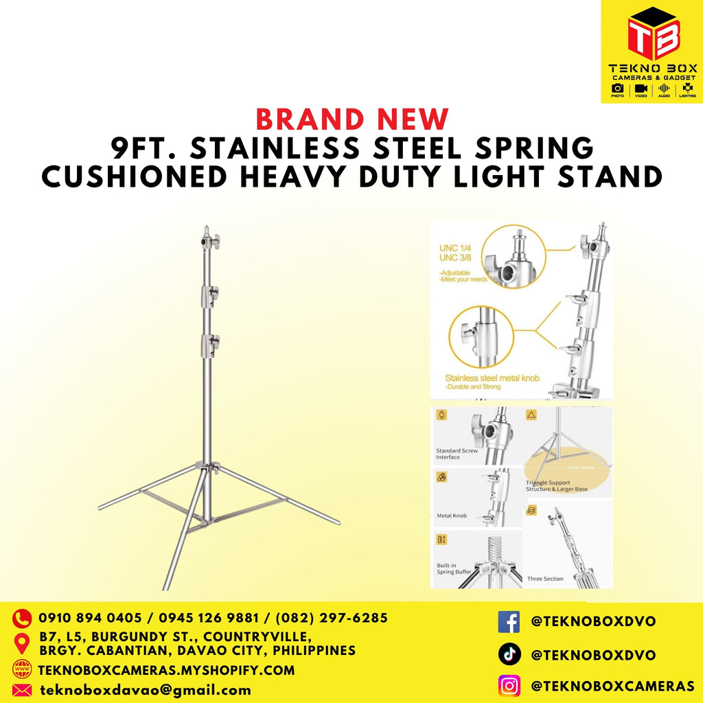 9 FT. Stainless Steel Spring Cushioned Heavy Duty Light Stand
