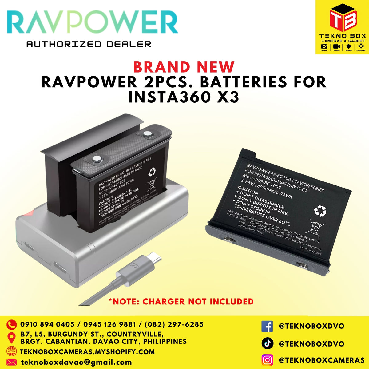 RavPower 2 pcs. Batteries with Charger Set for Insta360 X3