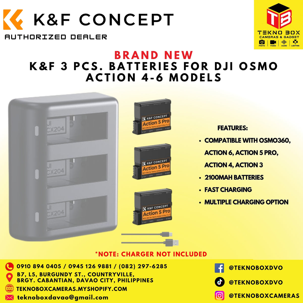 K&F 3pcs. Batteries and Charger for DJI Osmo Action 4-6 Models