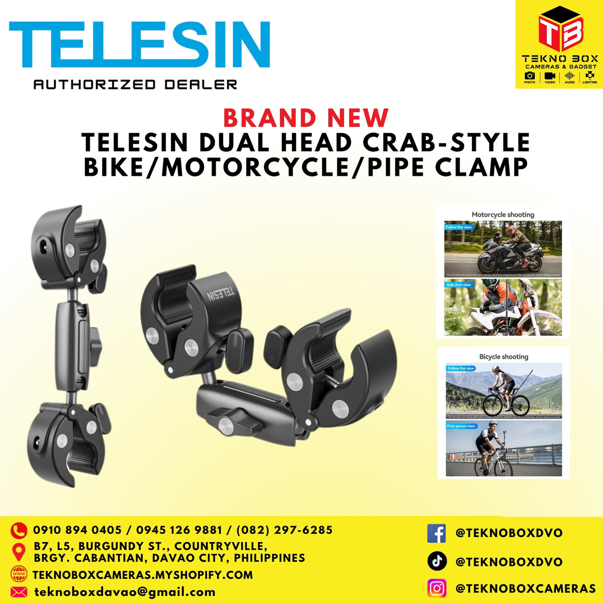 Telesin Dual Head Crab-Style Bike/Motorcycle/Pipe Clamp