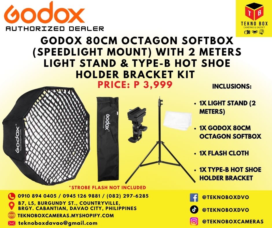 Godox 80cm Octagon Softbox (Speedlight Mount) with 2 meters Light Stand & Type-B Hot Shoe Holder Bracket Kit