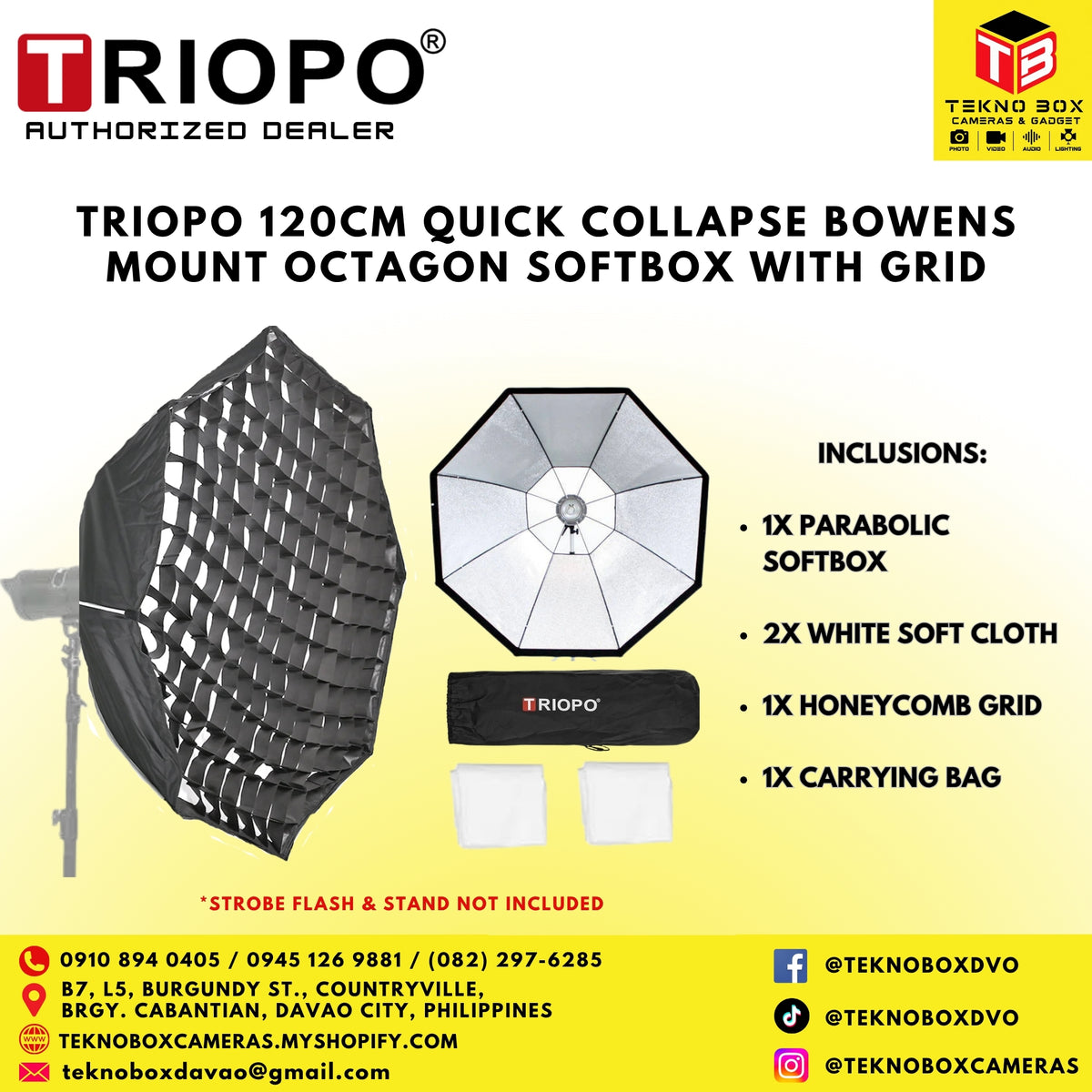 Triopo 120cm Quick Collapse Bowens Mount Octagon Softbox With Grid