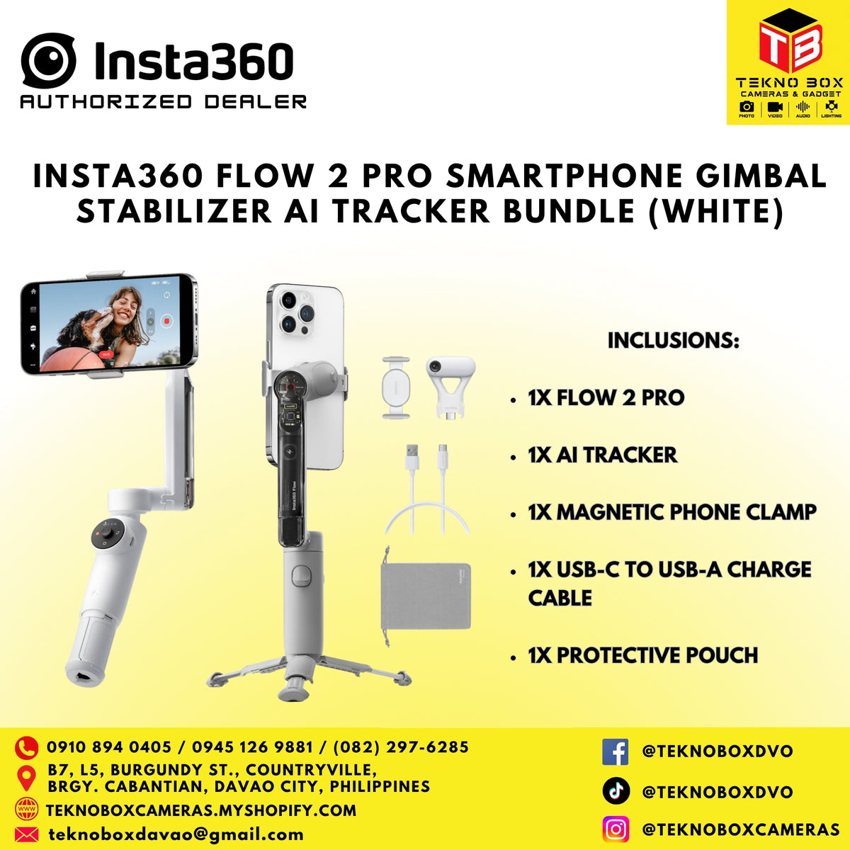 Insta360 Flow 2 Pro Smartphone Gimbal Stabilizer AI Tracker Bundle (White)