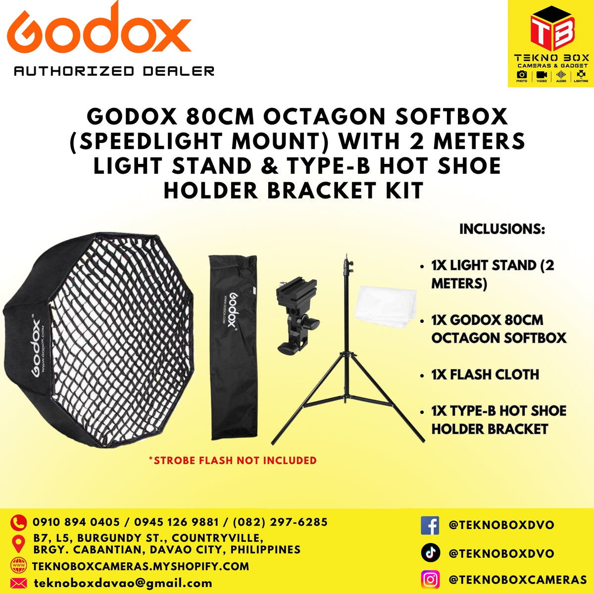 Godox 80cm Octagon Softbox (Speedlight Mount) with 2 meters Light Stand & Type-B Hot Shoe Holder Bracket Kit