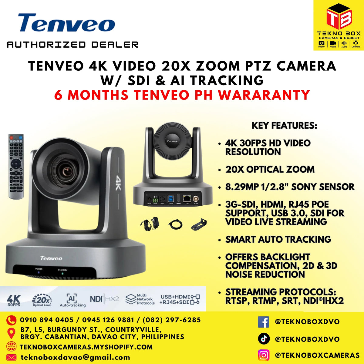 Tenveo 4K Video 20x Zoom PTZ Camera W/ SDI & AI Tracking