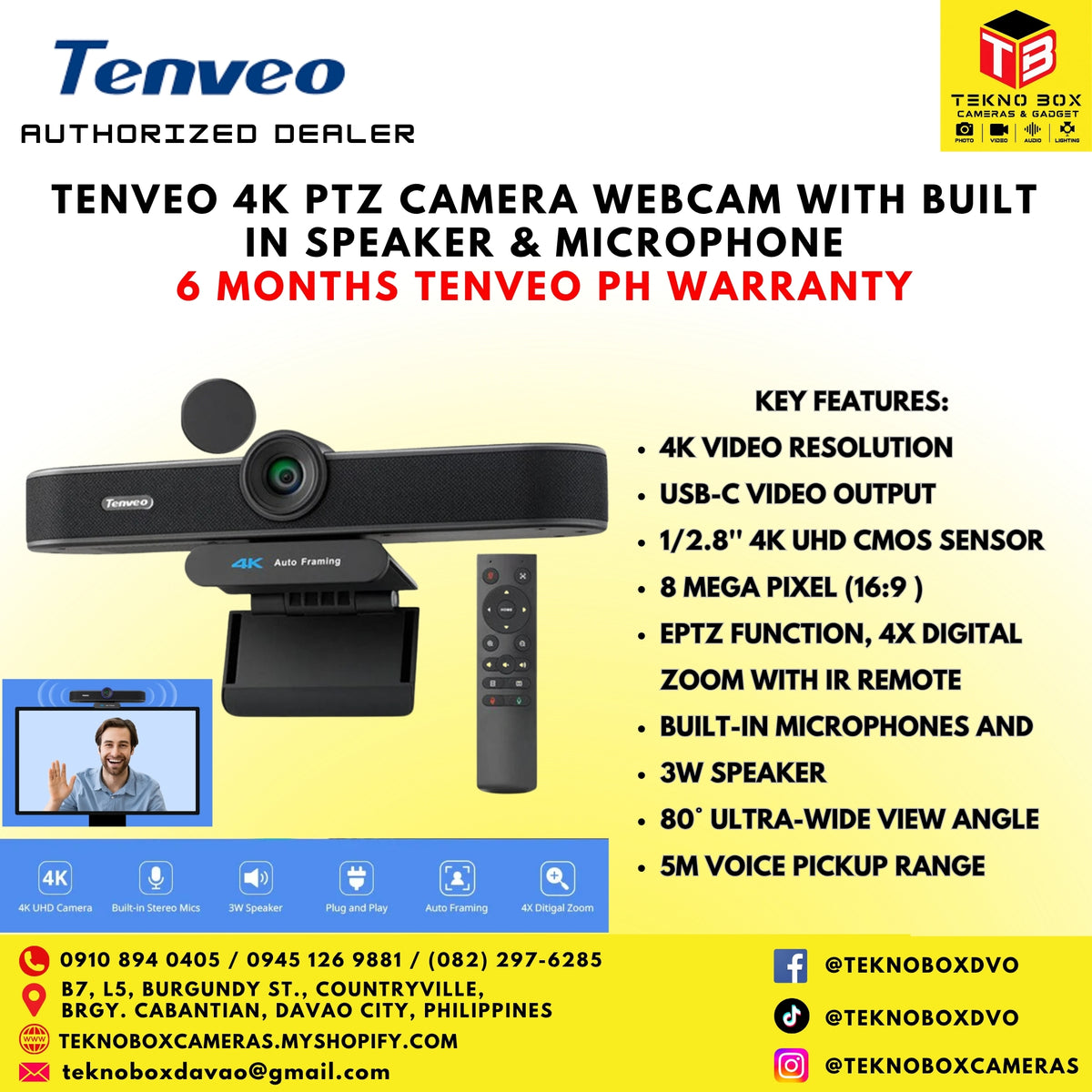 Tenveo 4K PTZ Camera Webcam with Built in Speaker & Microphone