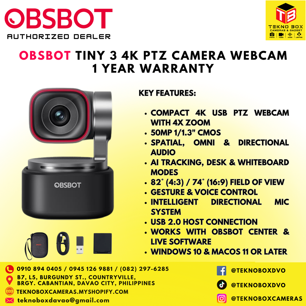 OBSBOT Tiny 3 4K PTZ camera Webcam