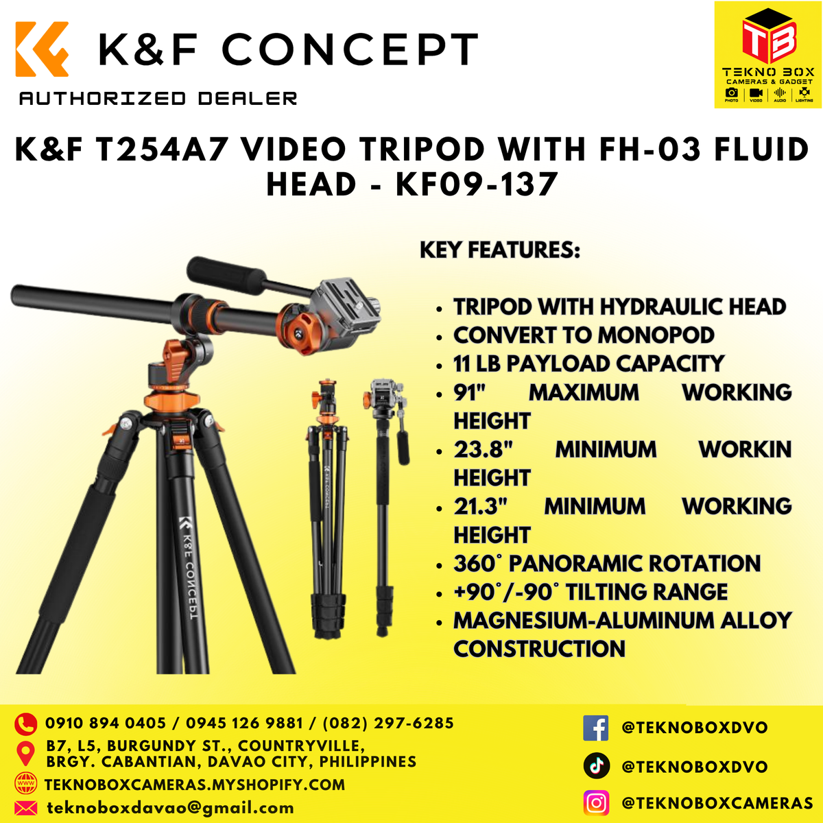 K&F T254A7 Video Tripod With FH-03 Fluid Head - KF09-137