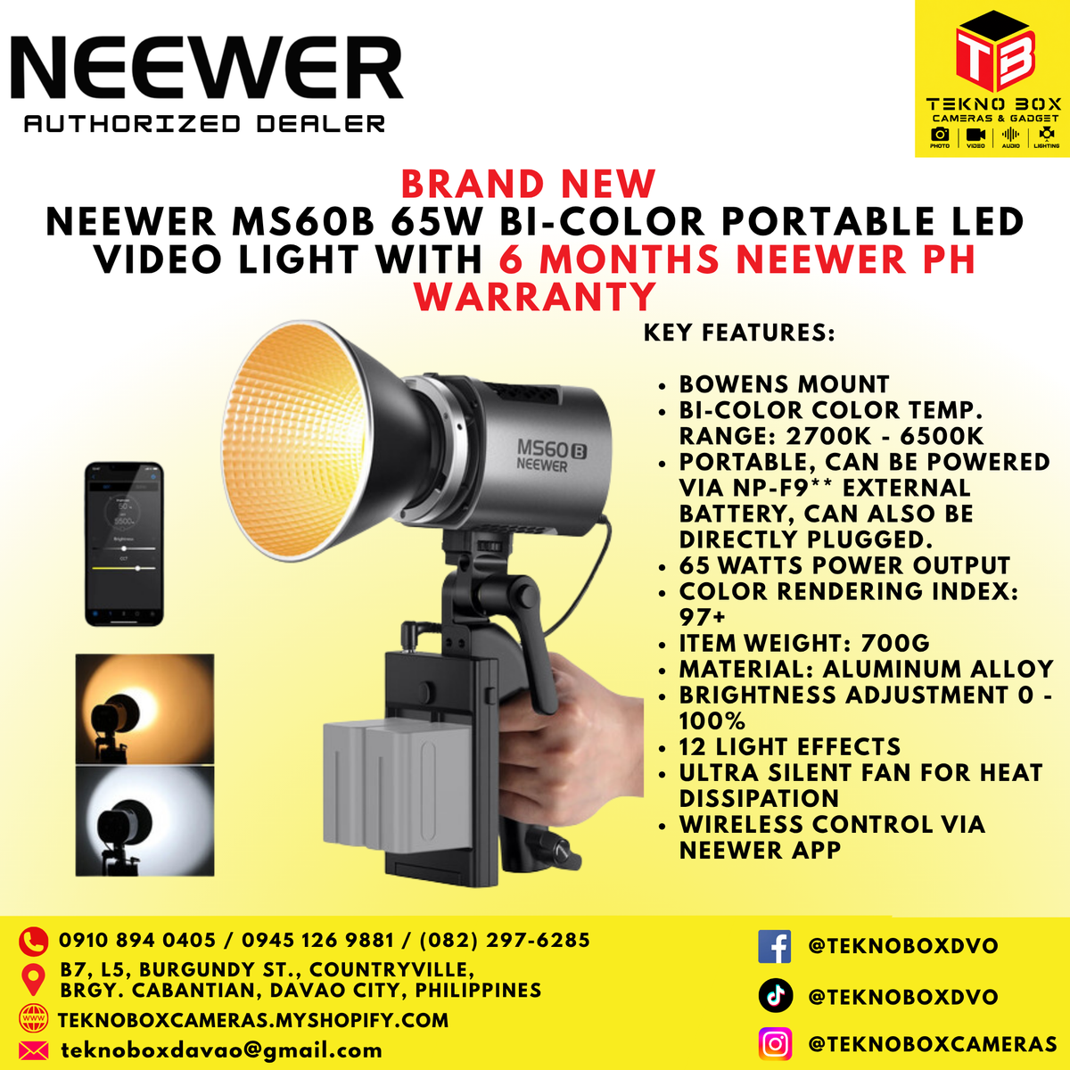 Neewer MS60B 65W Bi-Color Portable LED Video Light
