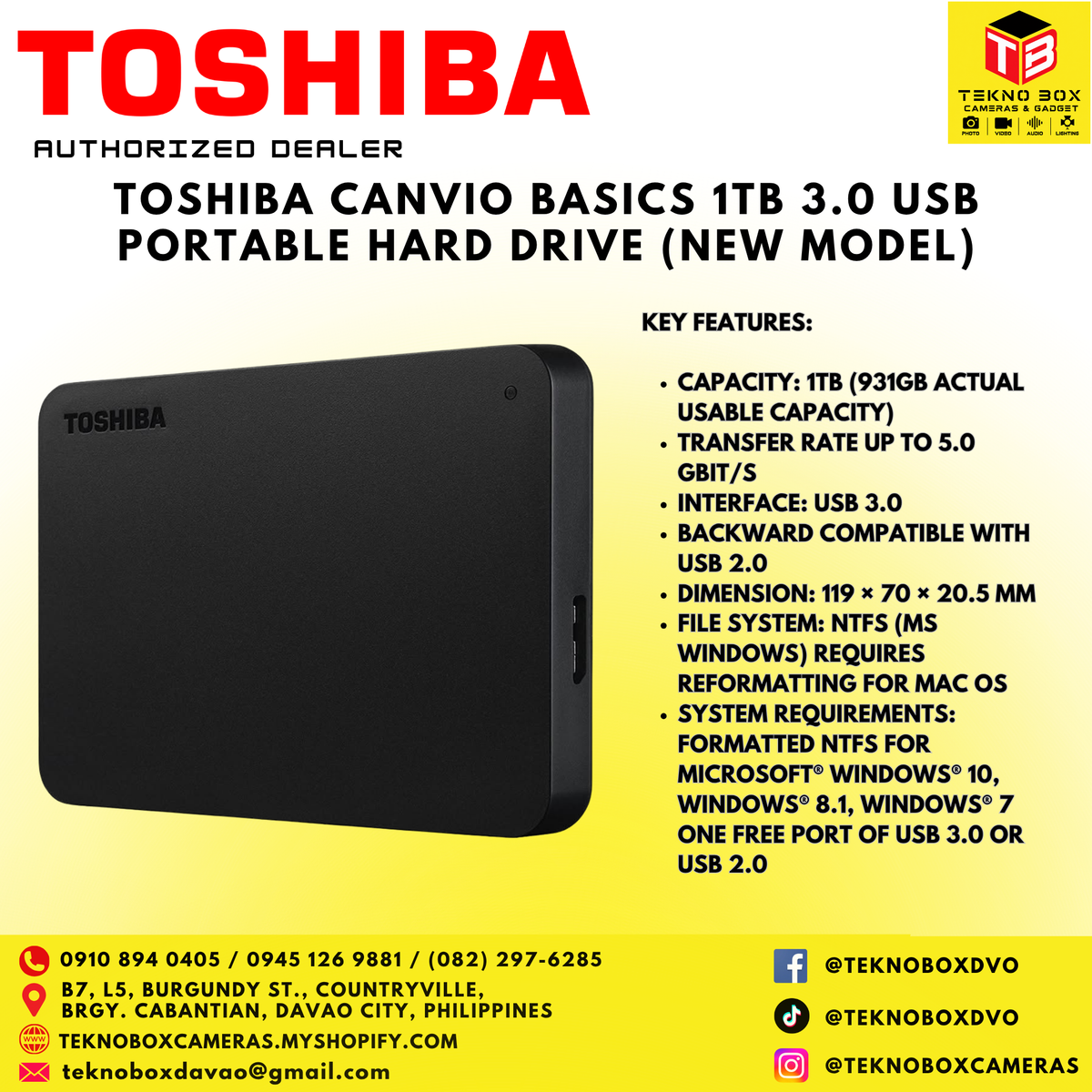 Toshiba Canvio Basics 1TB 3.0 USB Portable Hard Drive (New model)