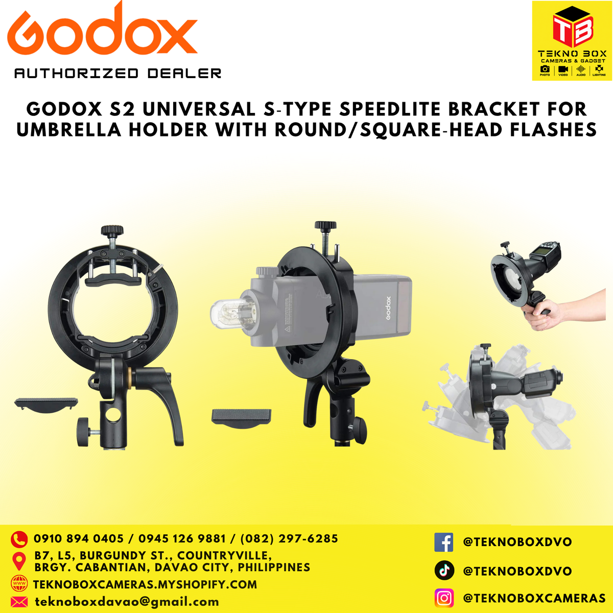 Godox S2 Universal S‑Type Speedlite Bracket for Umbrella Holder with Round/Square‑Head Flashes