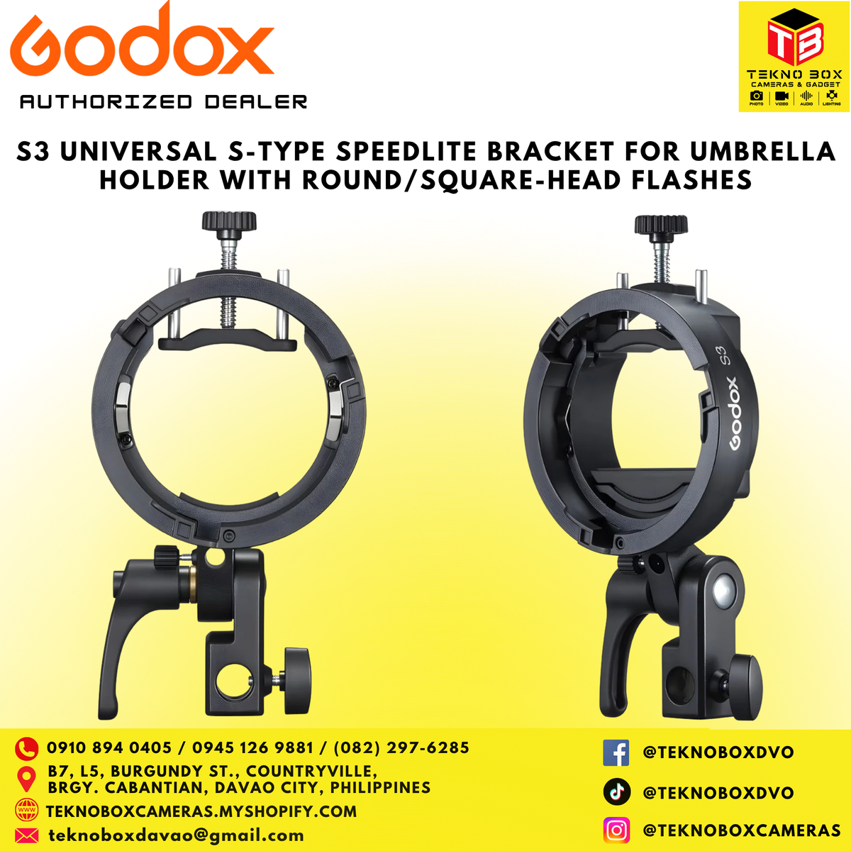 Godox S3 Universal S‑Type Speedlite Bracket for Umbrella Holder with Round/Square‑Head Flashes