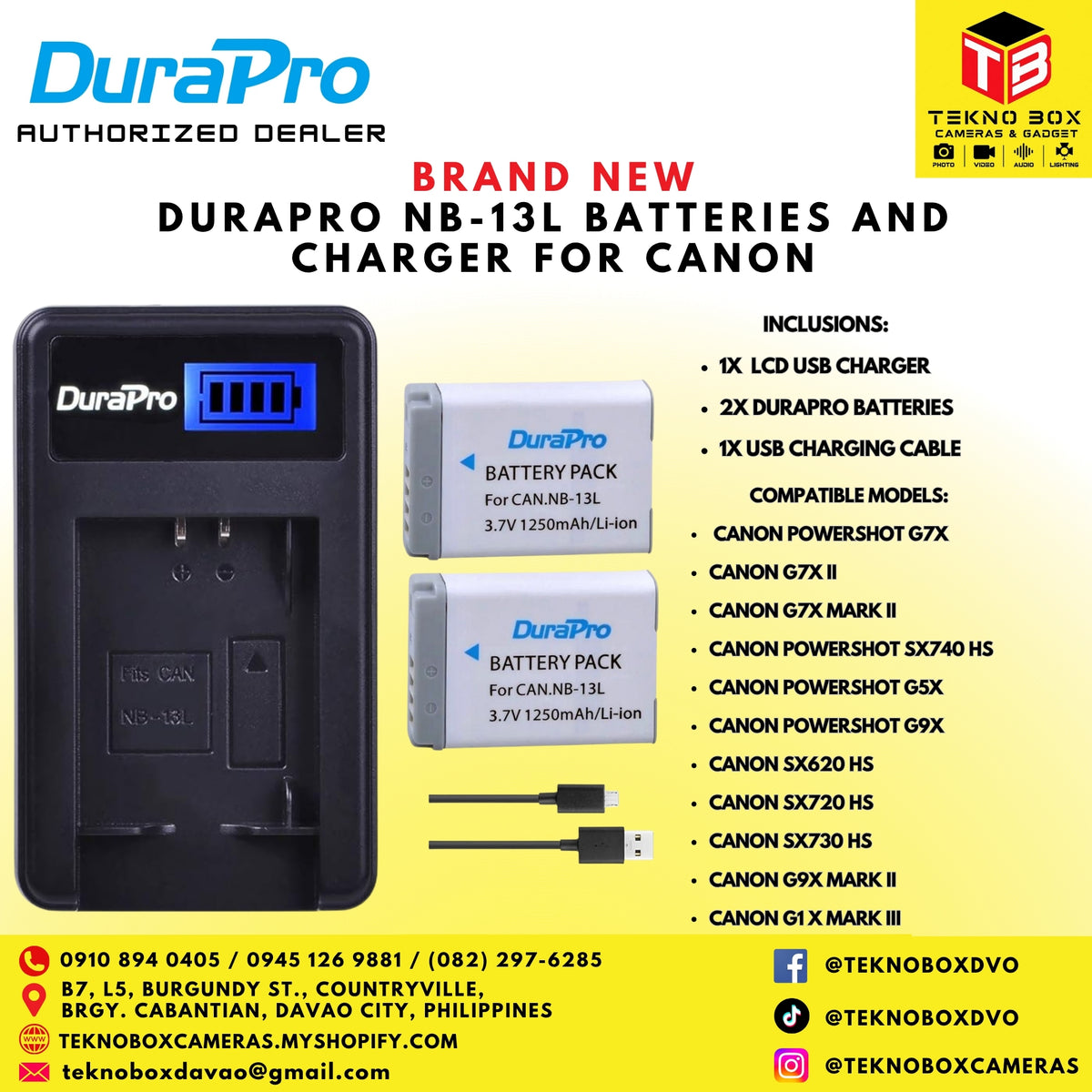 DuraPro NB-13L Batteries and Charger for Canon