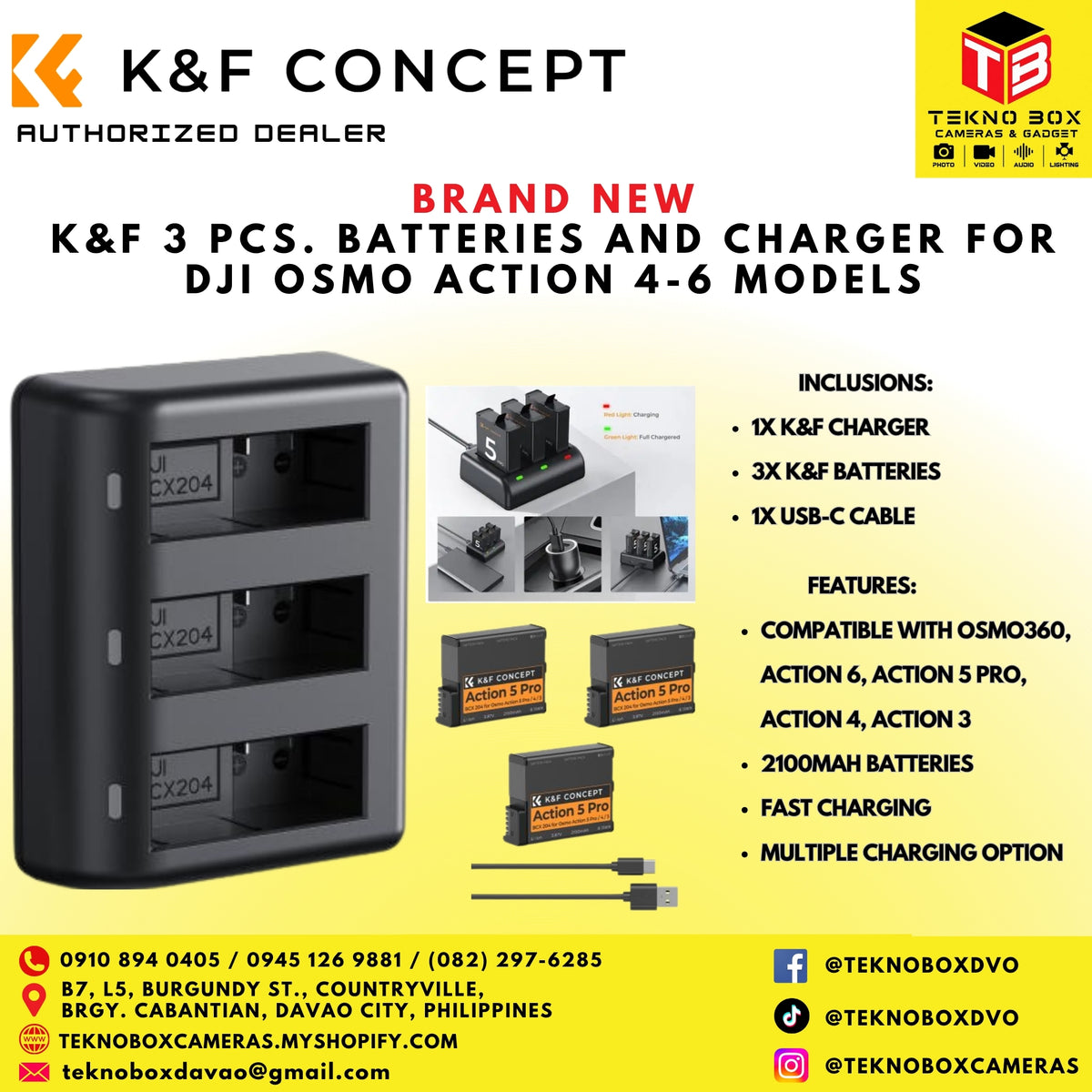 K&F 3pcs. Batteries and Charger for DJI Osmo Action 4-6 Models